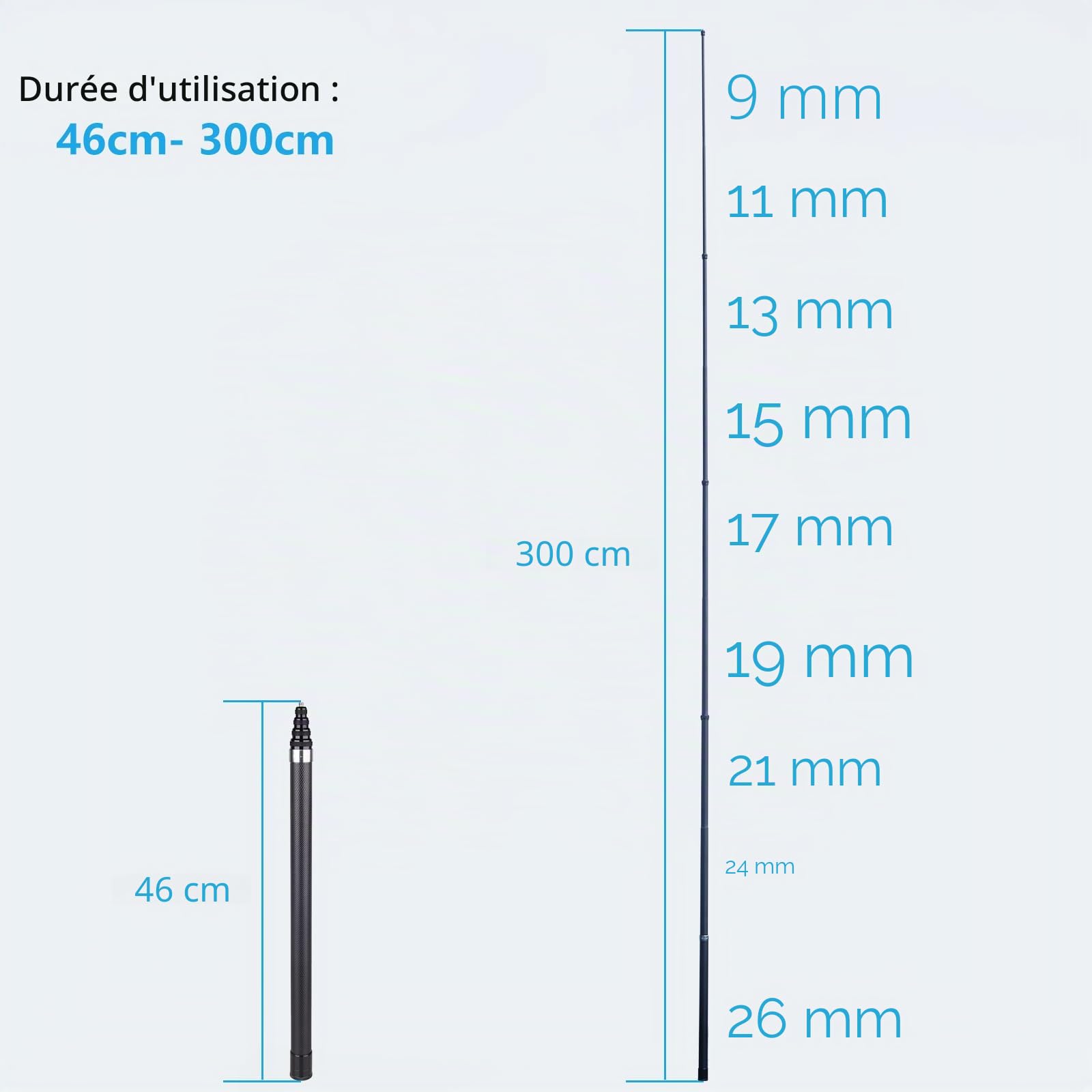 ARTCISE Perche à Selfie en Fibre de Carbone 300cm, SS300 Perche à Selfie Longue en Fibre de Carbone pour Caméra d'action pour GoPro Hero pour GoPro pour DJI Osmo Action pour Caméra