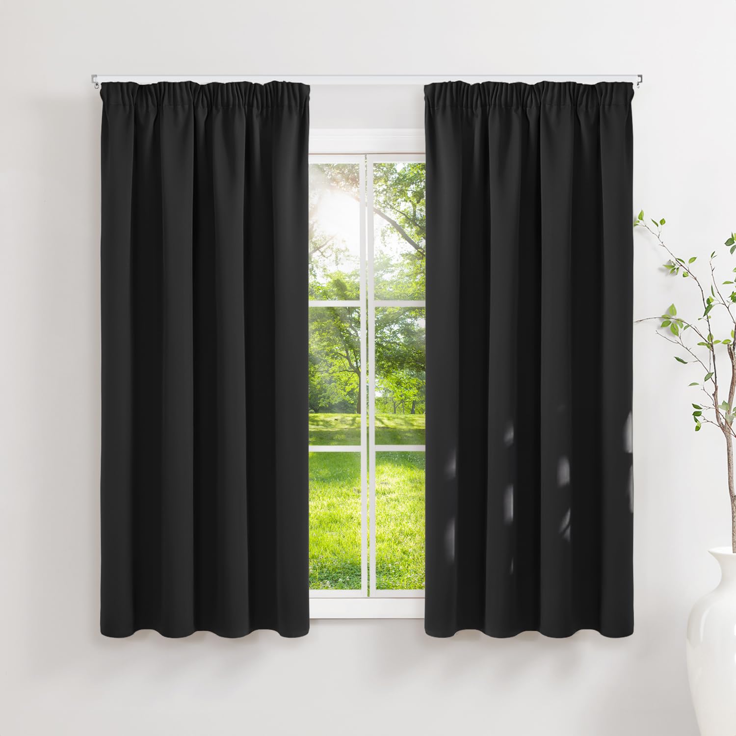 Runyéla Pencil Pleat Blackout Curtains for Bedroom Thermal Curtain 46 x 54 Inch Drop Kitchen Living Room 2 Panels Black — image 1