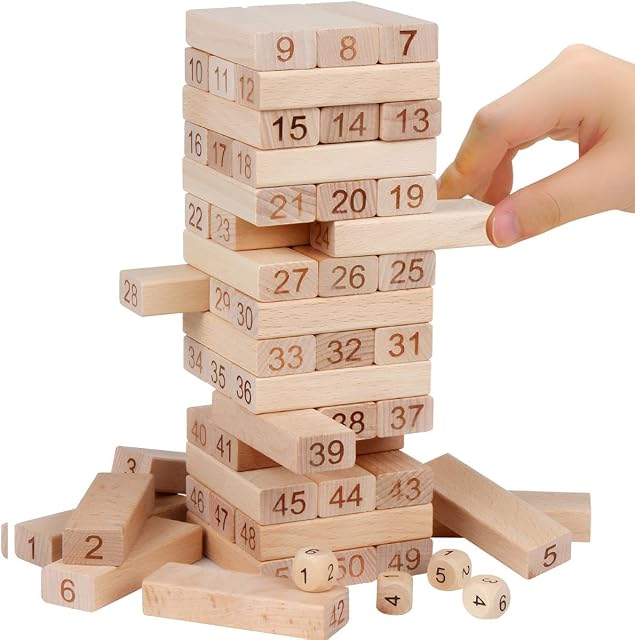 Wooden Stacking Building Blocks 51pcs Beechwood Stacking High Blocks with 4pcs Dice Educational Tumble Tower Toys for Kid Gift Indoor and Outdoor Party Multiplayer Board Games