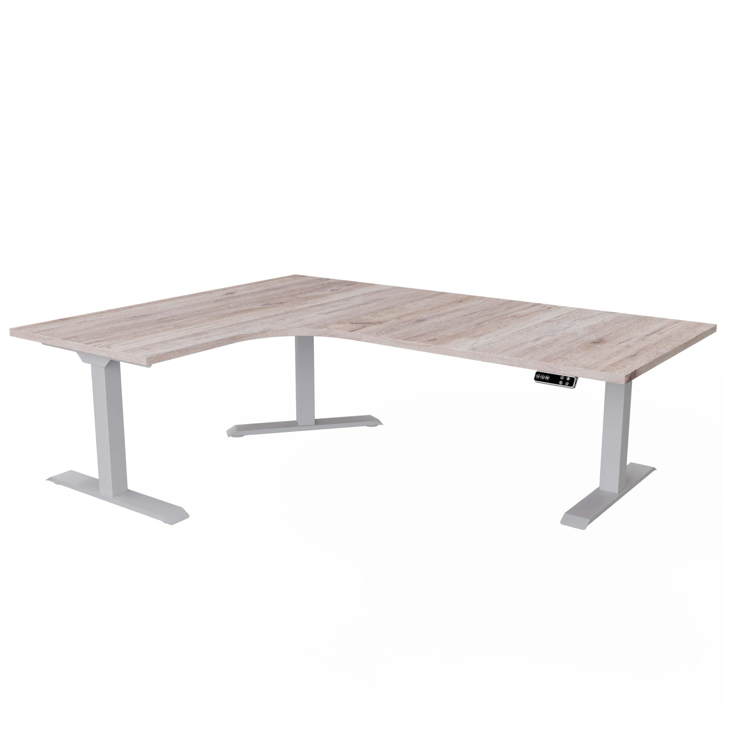 Eigentlich Elektrisch höhenverstellbarer Eckschreibtisch Gestell Silber, Winkelschreibtisch 90 Grad, Schreibtisch Triple Motor, Sitz-Stehschreibtisch Memoryfunktion (Eiche modern, Lange Seite rechts)