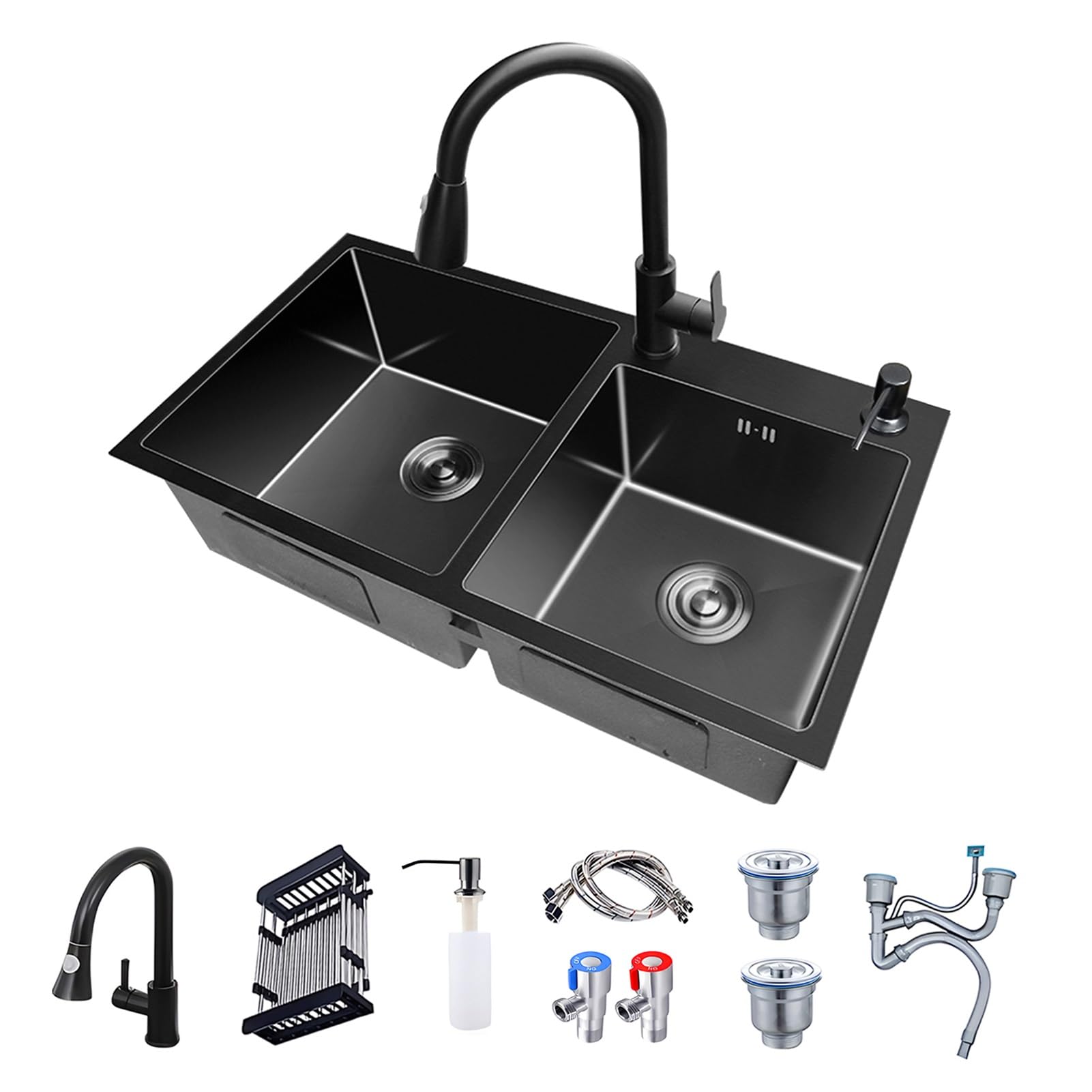 Fregadero de Cocina Negro de Acero Inoxidable 304 con Grifo extraíble, Cesta de desagüe Extensible, dispensador de jabón y Accesorios, Fregadero Doble Grande para Barra, estación d