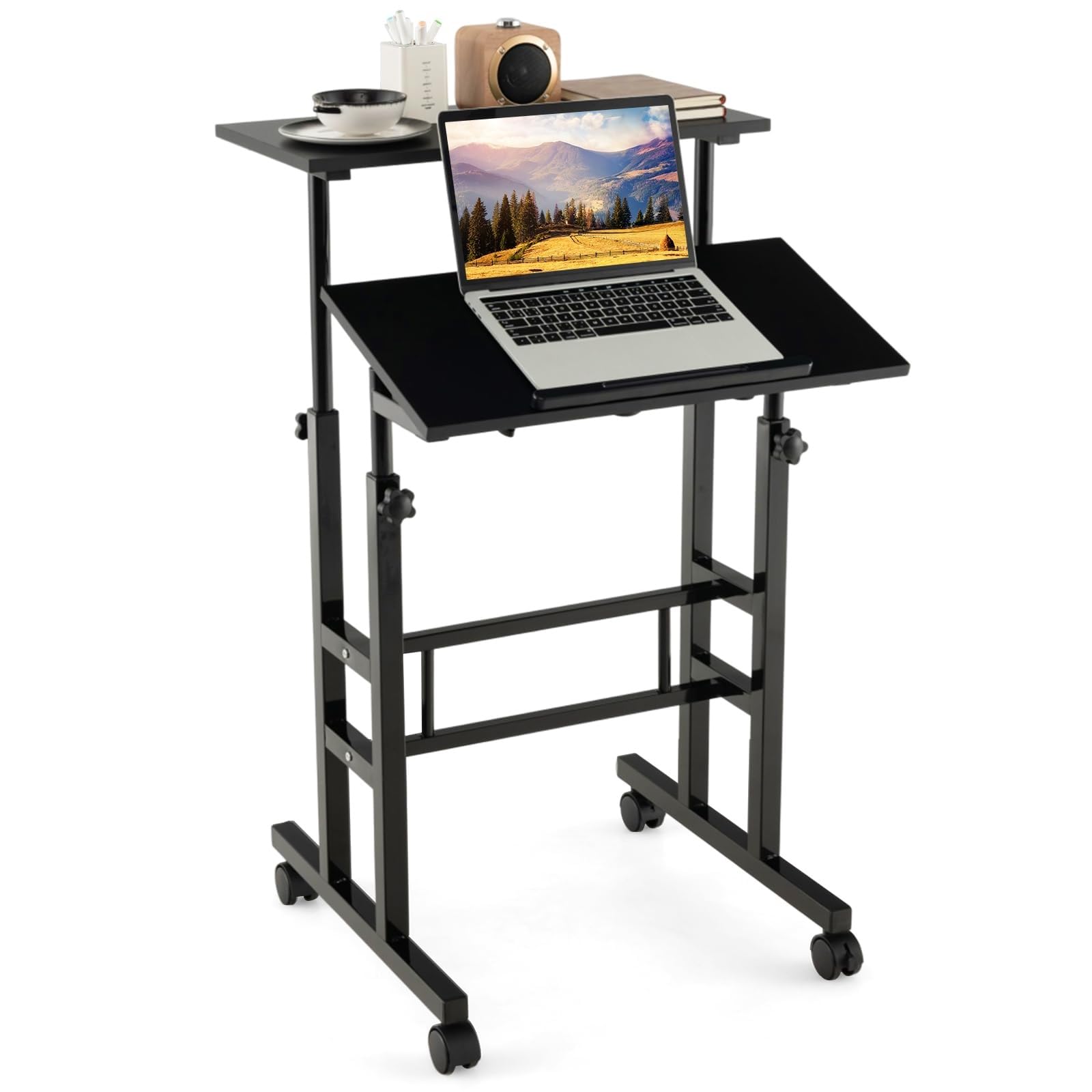 Byroce Standing Desk, Height Adjustable Sit-Stand Desk with Tiltable Desk Top, Rolling Laptop Stand & Workstation, Mobile Stand up Computer Desk on