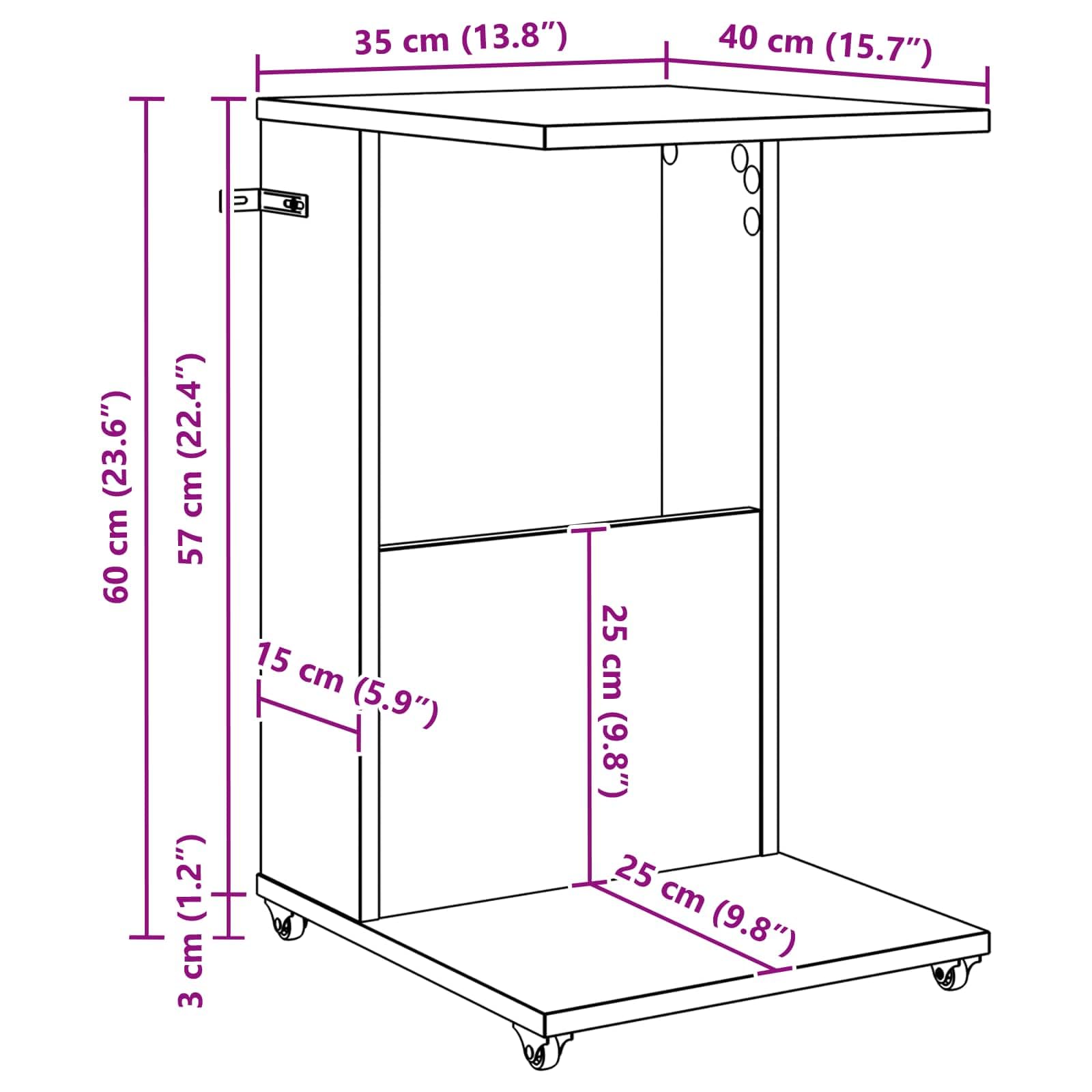 Mesa auxiliar de roble Sonoma de madera de 40 x 35 x 60 cm con ruedas, moderna mesa de almacenamiento para salón, dormitorio, pasillo, flexible como mesa de café o mesita de noche