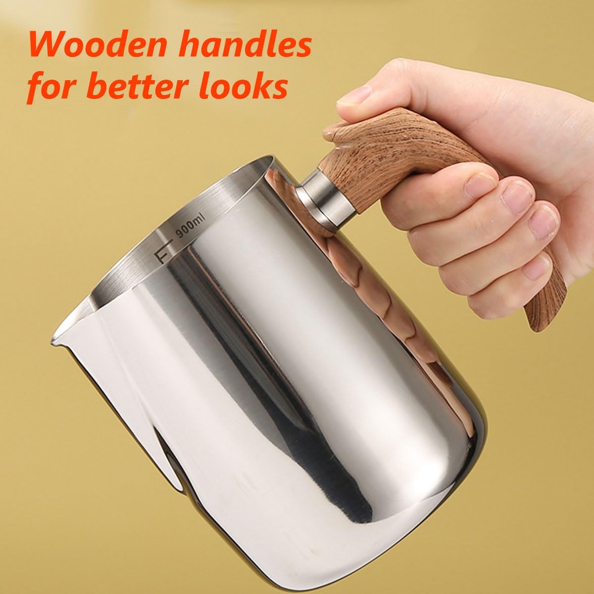 Pot À Lait Lait Pichet Pichet Tasse Pichet À Lait En Acier Inoxydable 20oz 30oz Outils De Barista, Gobelet À Lait Pour Latte Art,Pichet À Mesurer En Métal, Poignée En Bois ( Color : Nero , Size : 600m