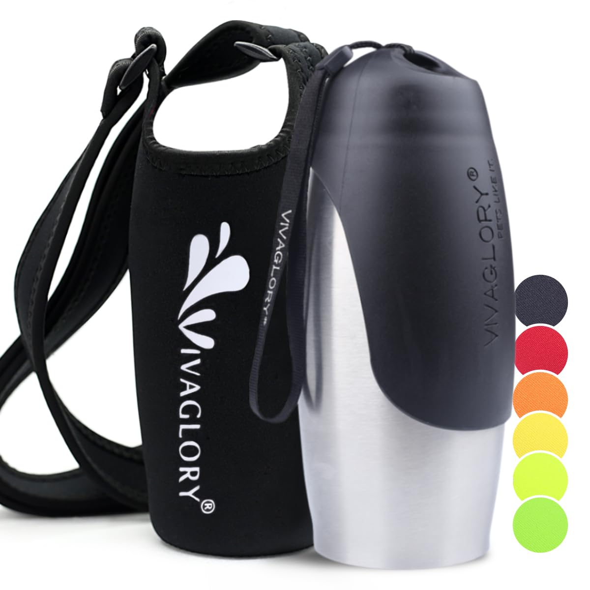 VIVAGLORY hundetrinkflasche & wasserflaschenhalter mit Schultergurt-Kombi, Hunde Trinkflasche & Wasserflaschenhalter für Unterwegs, Trinkflasche Edelstahl mit Wasserflaschenträger