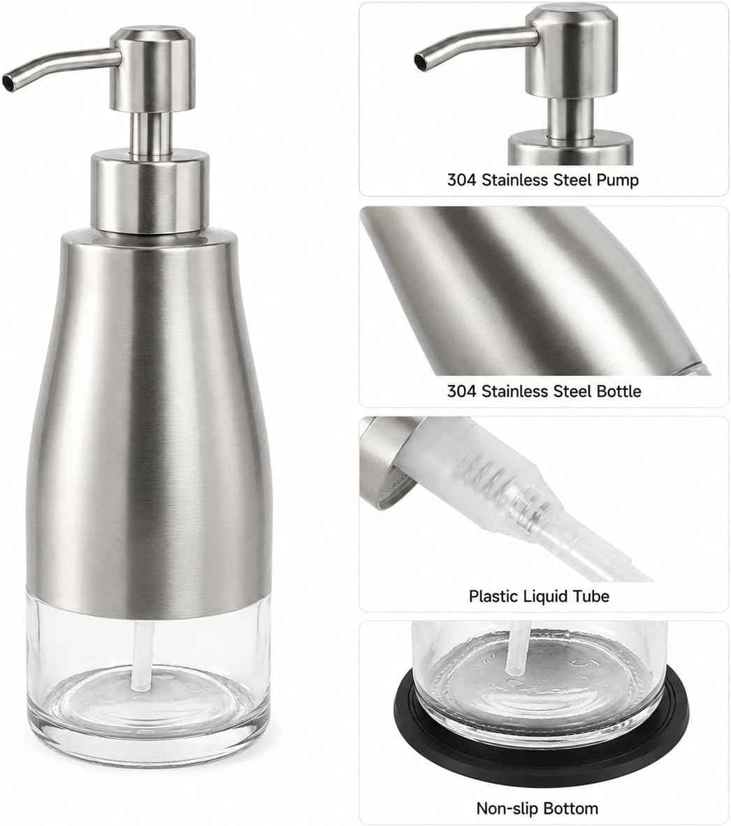 11oz Glass Soap Dispenser with Non-Slip Coaster, Brushed Nickel Rust-Proof Shell 304 Stainless Steel Pump Liquid Soap Bottle for Kitchen or Bathroom Countertop Hand Dish Lotion Leak-Proof