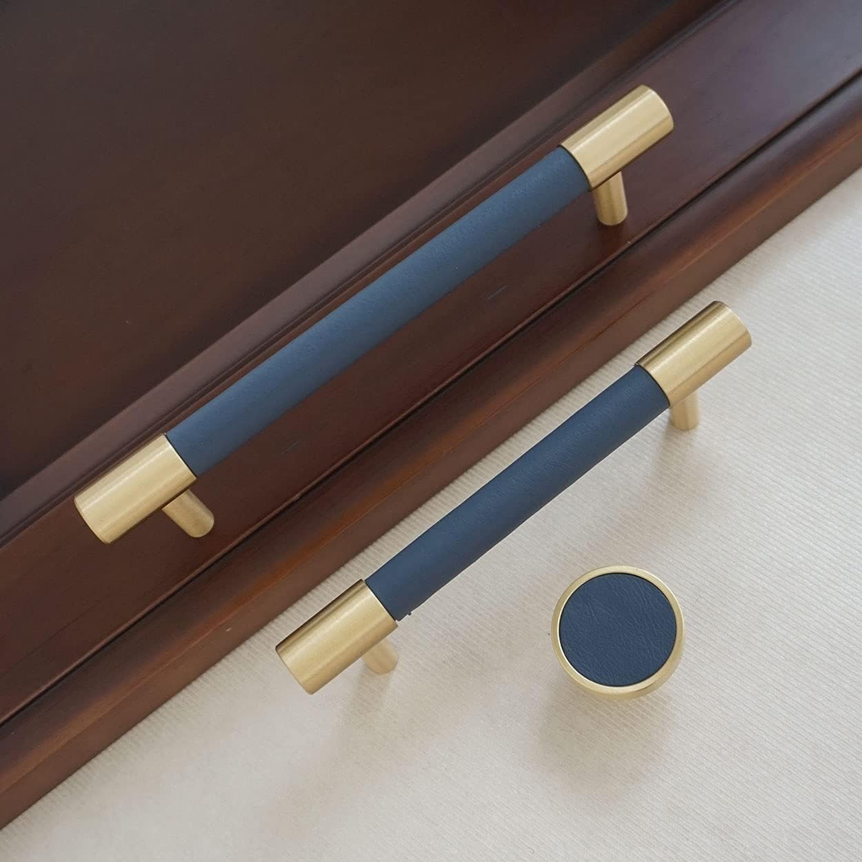 MFYS 8.8" Navy Blue Leather Drawer Pull Handles Copper Cabinet Wardrobe Handle Round Cupboard Drawer Knobs (8-4/5" Hole to Hole)