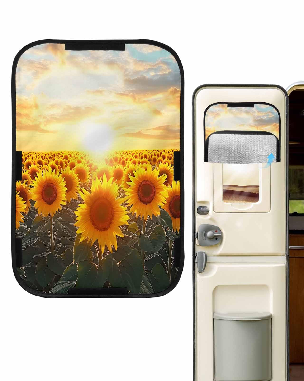 LEOKOTI RV Door Window Shade, Sunflower Farmhouse Blackout RV Window Shades Foldable, Summer Watercolor Botanical Floral Privacy Insulation Car Covers for Camper 16