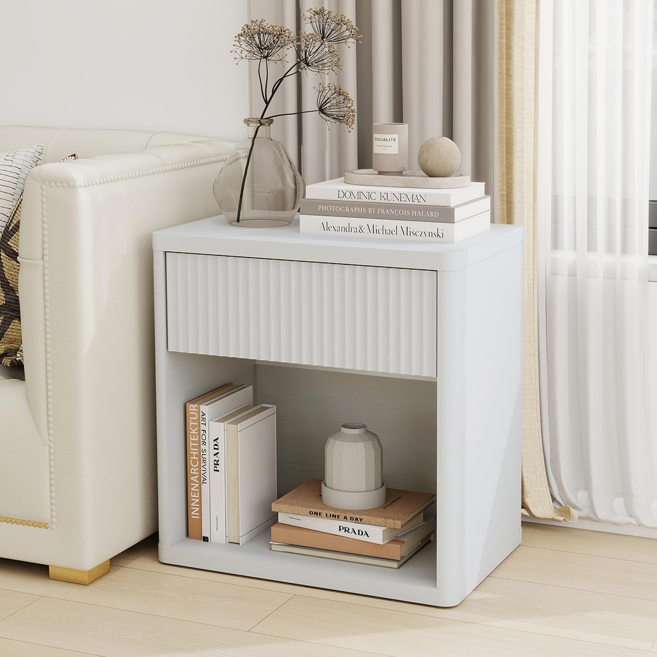 LubanNese Nightstand with Drawer, Modern Fluted Night Stand, Bed Side Table with Storage, End Table Large Wide Bedside Stand, Mid Century Night Stands