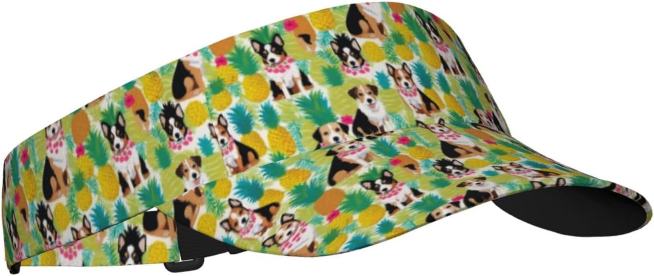 Tropical Flower and Corgi Print Sun Visor Hats for Women Men Adjustable Sports Golf Running Sun Caps Black