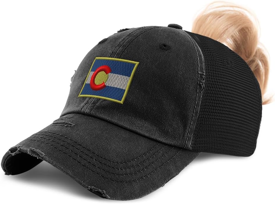 Ponytail Cap Women's Baseball Cap Embroidered Colorado Flag State Sun Hat with Ponytail Hole High Pony Hat