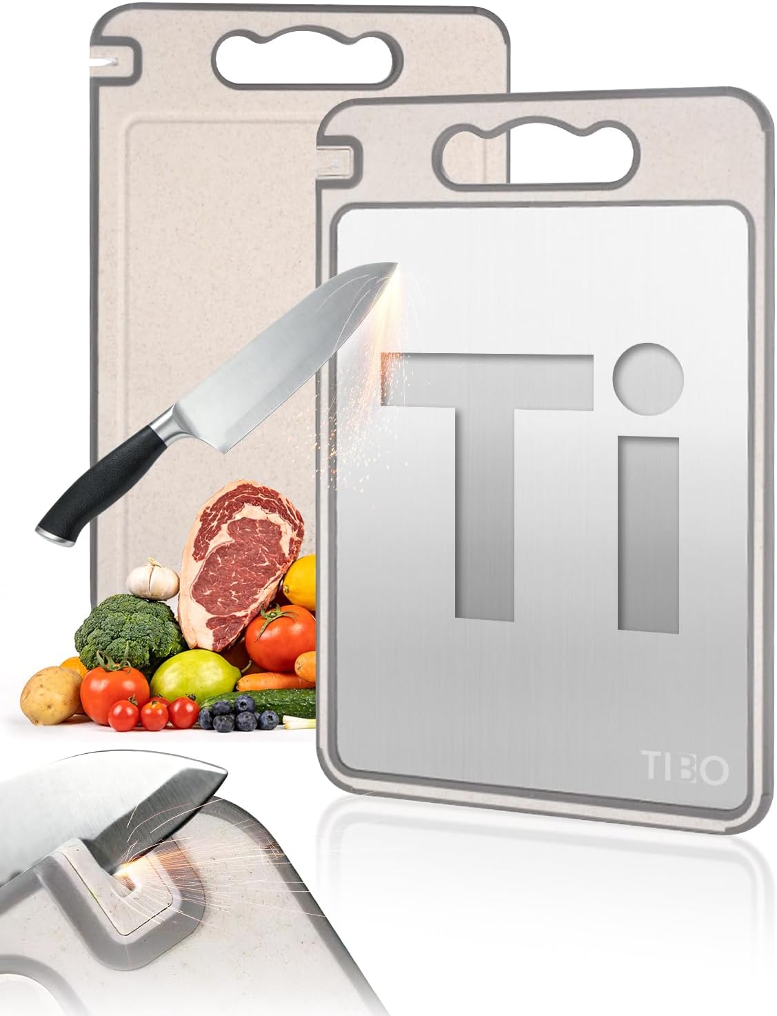TIBO Titanium Cutting Board with Knife Sharpener, 14.3"L x 9.8"W Double-Sided Small Board (Titanium & Wheat Straw PP) for Meat, Fruit & Vegetable, Hand Wash