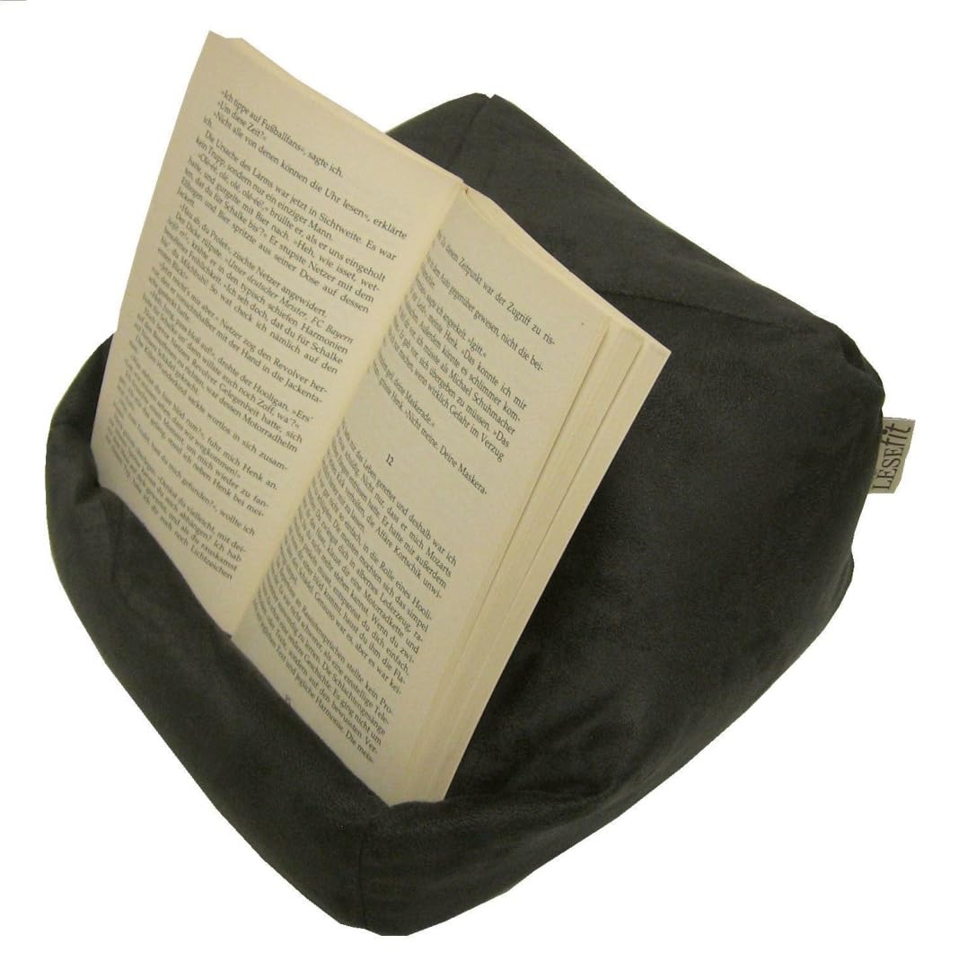 soft Buchkissen Lesekissen – frei formbarer Buchhalter für Bett - Handgefertigt aus Antirutsch Wildlederimitat & Mikroperlen – weich waschbar drehbar – anthrazit schwarz