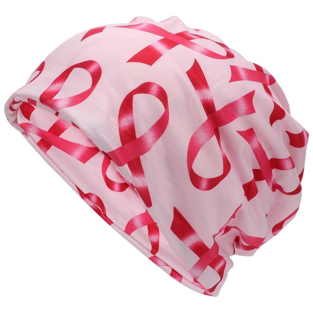 Sslvya Breast Cancer Awareness Beanie Cap Pink Ribbon Pattern Skull Cap for Breast Cancer Support Charity Event Daily