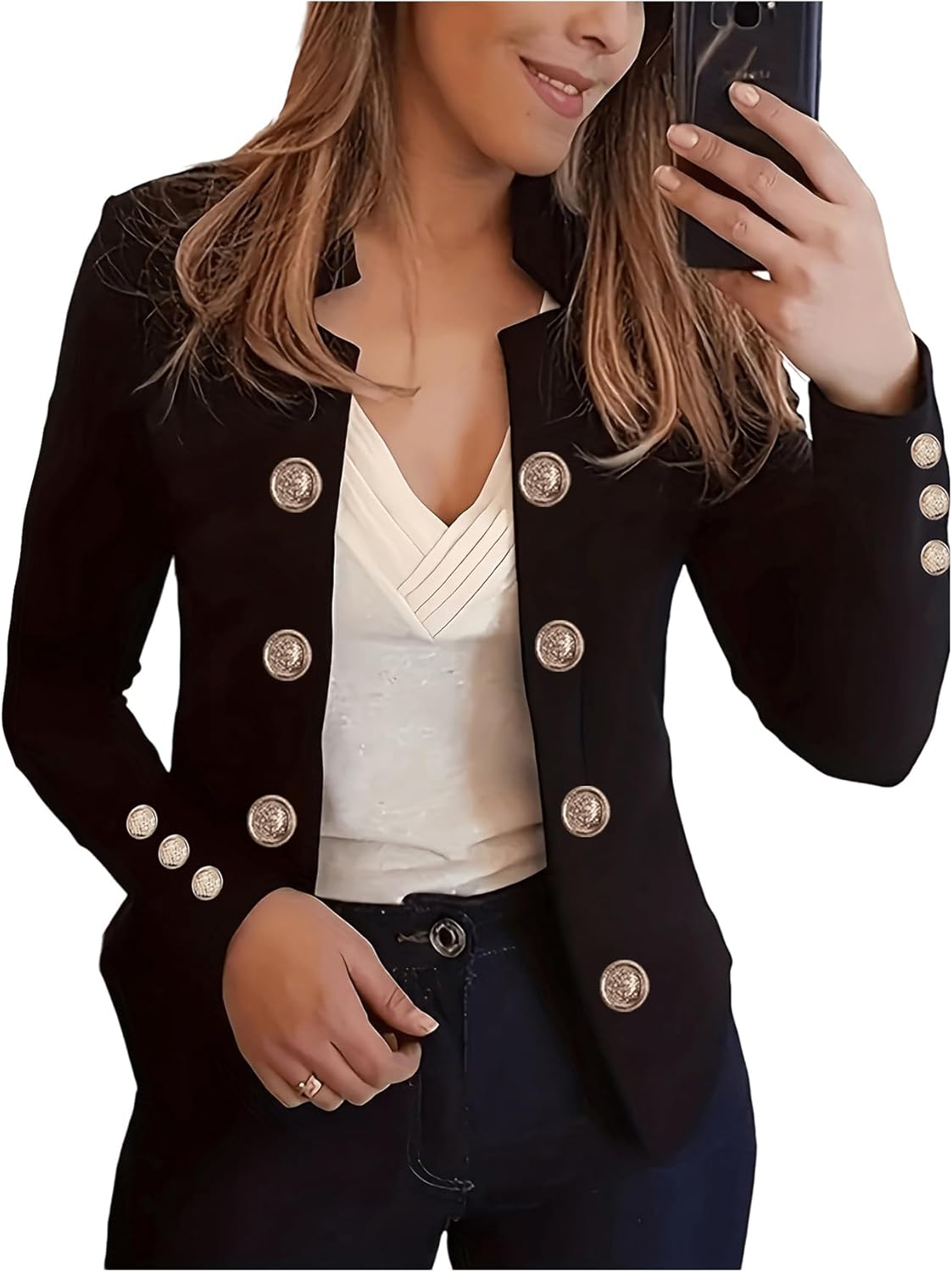 Verdusa Women's Elegant Light Jacket Button Down Business Coat Casual Long Sleeve Outerwear