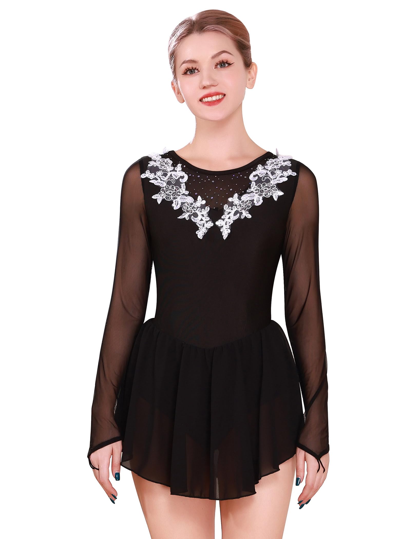 FYMNSI Damen Tanzkleid Eiskunstlauf Kleid Langarm Rollkunstlauf Tanzanzug mit Strass Blumen Chiffon Rock Turnanzug