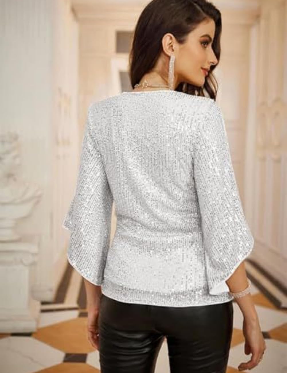 Camicetta elegante da donna con maniche a 3/4, con scollo a V, con paillettes glitterate, per feste e serate