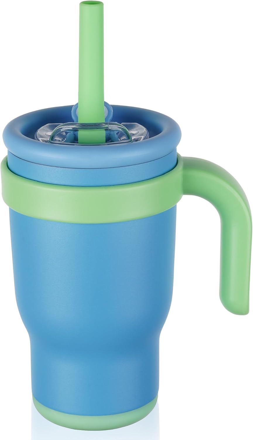 14oz Toddler Sippy Cup Vacuum Insulated Stainless Steel Kids Cup with Handle, Spill-Proof Straw, Leak-Proof Travel Cup for Home or On-the-Go (Deep Blue)