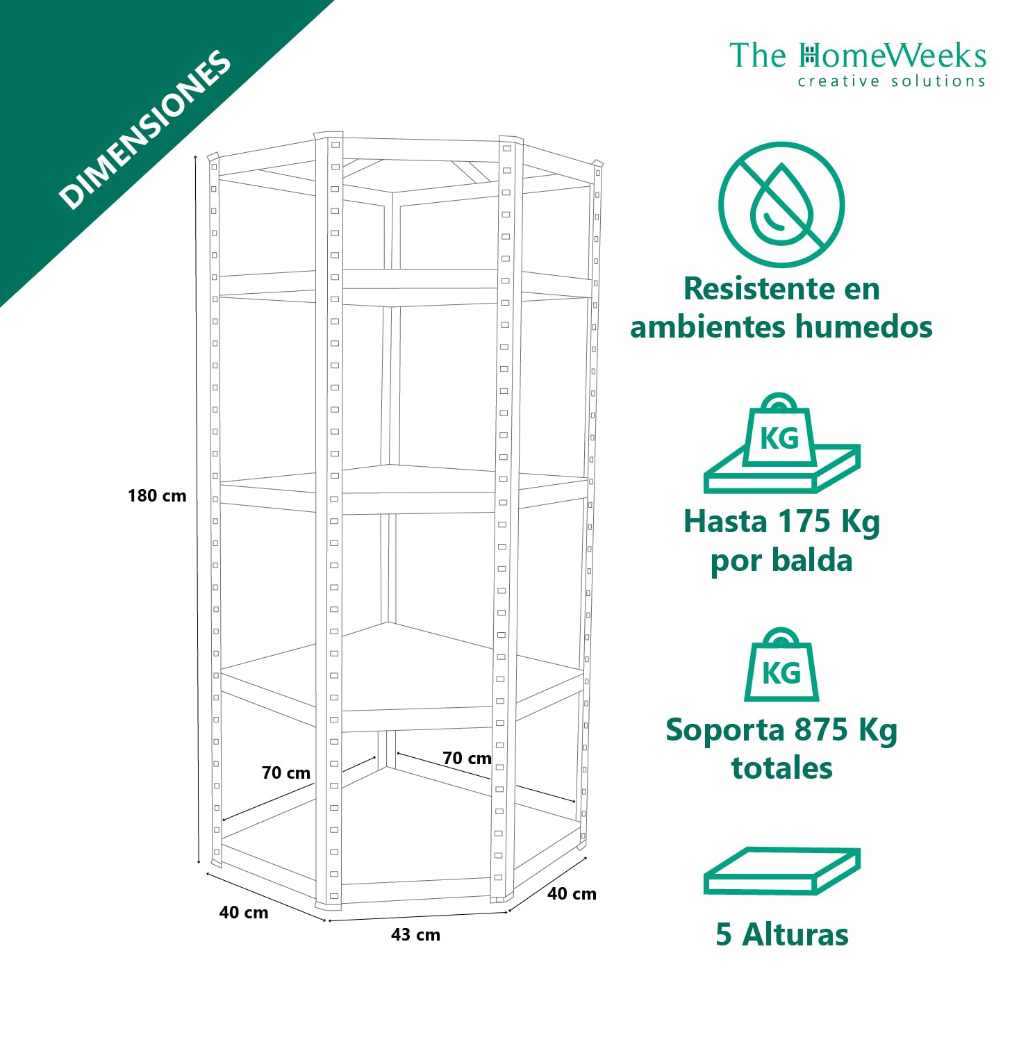 The Homeweeks Estantería Almacenaje Esquinera Angular Metálica 180 * 70 * 40cm | Galvanizada Modular | 5 Baldas MDF | Montaje Suelo | sin Tornillos System Click & Push | Multiposición