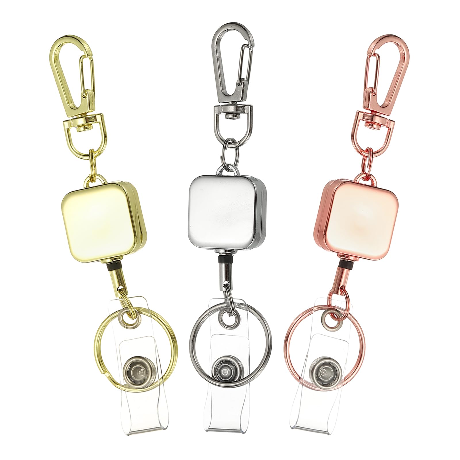 PATIKIL 3Pack Retractable Keychain, Metal Badge Reels Retractable Badge Holder Clips with Key Rings for Name Card Key Conferences Office, Silver/Light Gold/Rose Gold(Square)