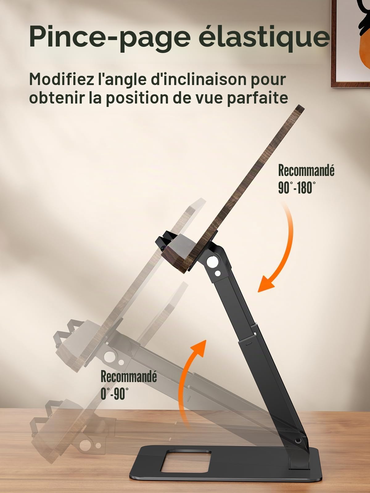 Tounee Support de livre télescopique réglable en hauteur - Design extensible - Support de livre de cuisine ergonomique avec pinces latérales élastiques - Convient à tous les livres (noir)