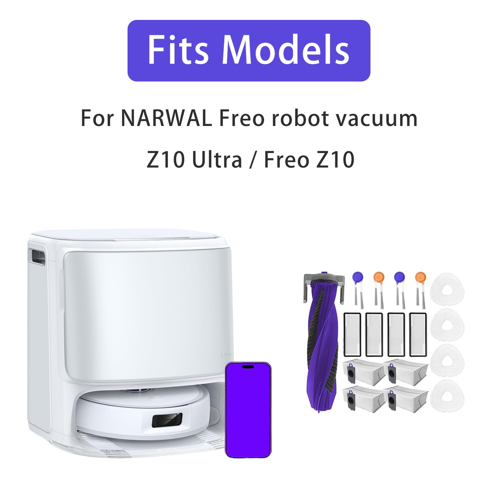 Chuancheng Zestawy zamienne do odkurzacza NARWAL Freo Z10 Ultra/Freo Z10, 1 szczotka główna, 4 filtry, 4 chusteczki, 4 szczotki boczne, 4 worki na kurz, akcesoria
