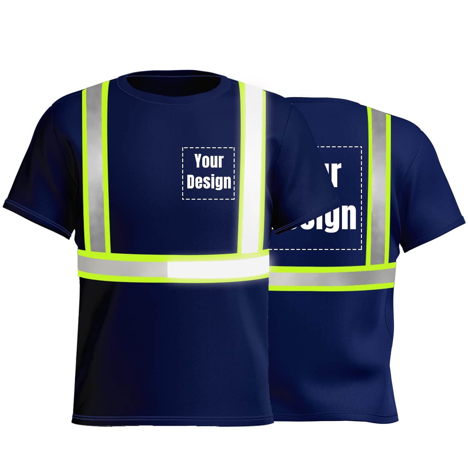 YOWESHOP Hi-Vis Safety T-Shirt Add Your Design Quick Dry Workout Shirts with Reflective Strips (M, Dark Blue (Green) - Style 3)
