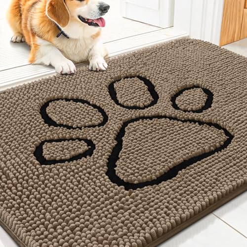 Image of Smiry Dog Door Mat for Muddy Paws, Absorbent Dirt Trapper Non Slip Quick Dry Washable Chenille Mat for Mud Dogs, Entry Rug for Indoor and Outdoor (30x20 Inches, Camel and Black)