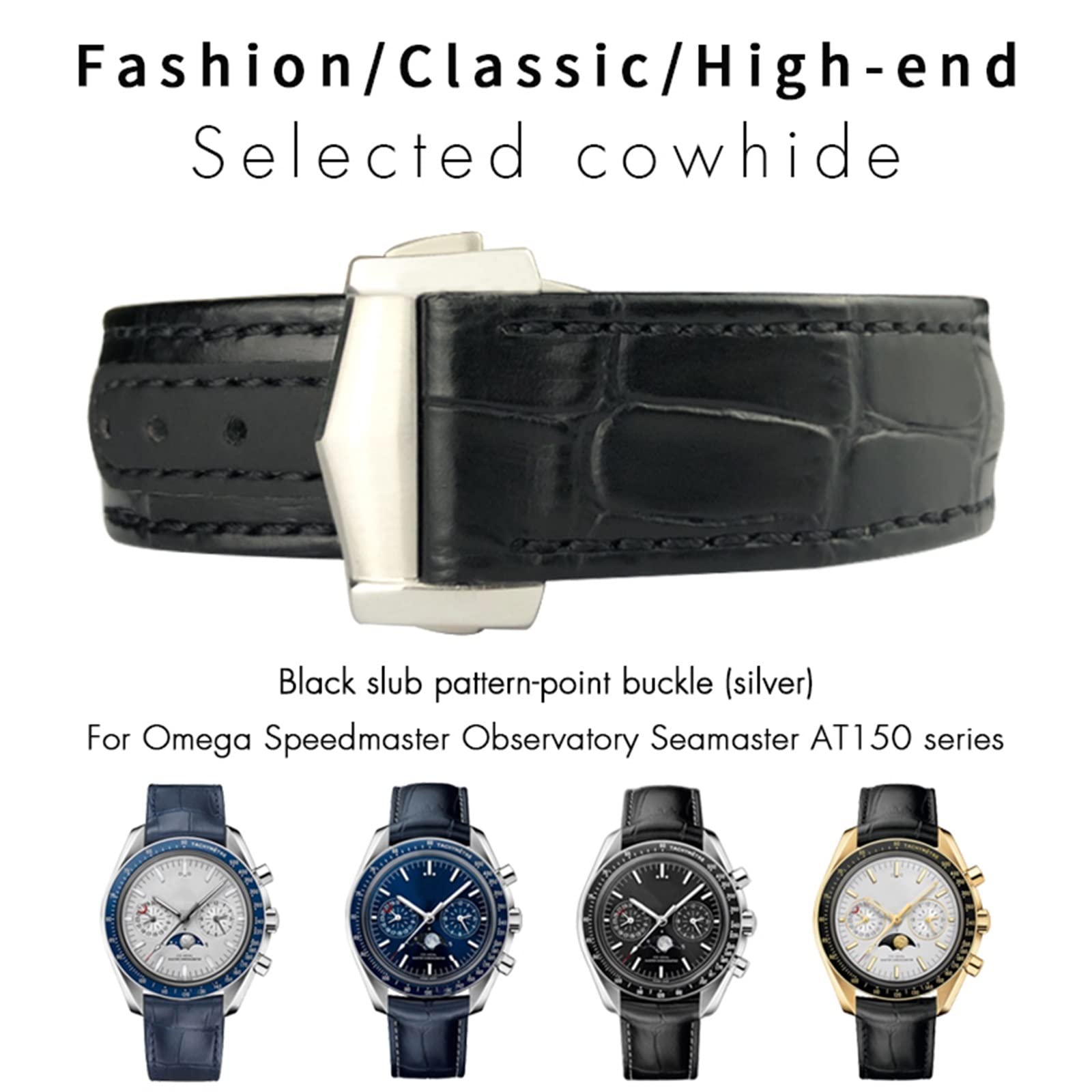 Correa de reloj curvada de cuero vacuno de 19 mm, 20 mm, 21 mm, compatible con Omega Speedmaster Seamaster 300 AT150 Sxwatch