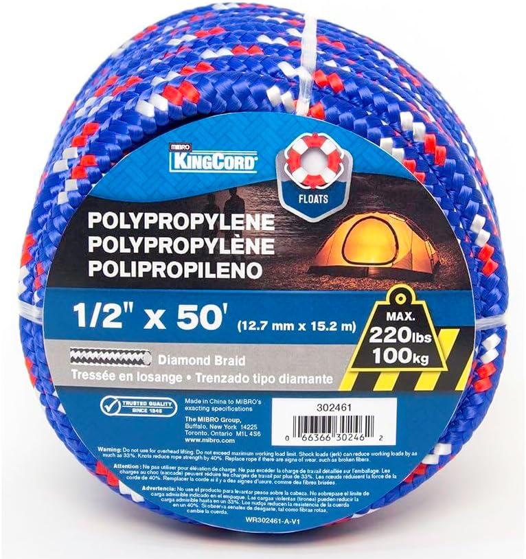 Mibro 302461BGV1 0.5 in. x 50 ft. Polypropylene Diamond Braid Rope Blue Red & White