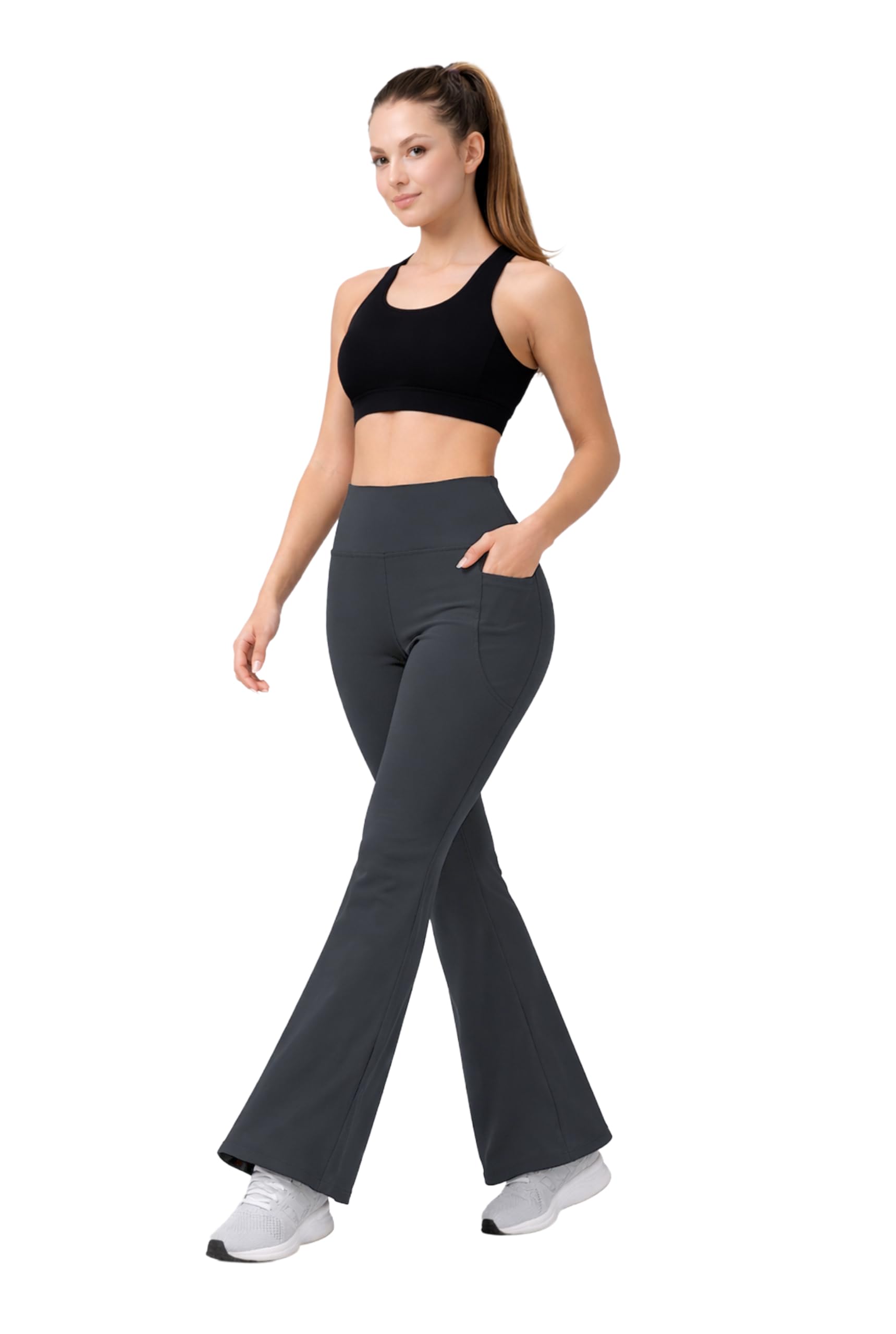 Bonkers Corner Womenâ€™s Flared Yoga Pants | High Waisted Bell Bottom Leggings with Side Pocket | Stretchable Polyester Blend Gym Trousers for Workout, Running & Lounge Wear in neutral