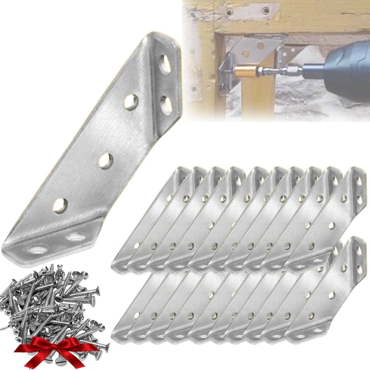 Benares Stainless Steel Furniture Corner Connector - Angle Fasten Connector | Furniture Triangle Support Frame | Angle Corner Brackets for Wood | Trapeziform Corner Brace with Screws