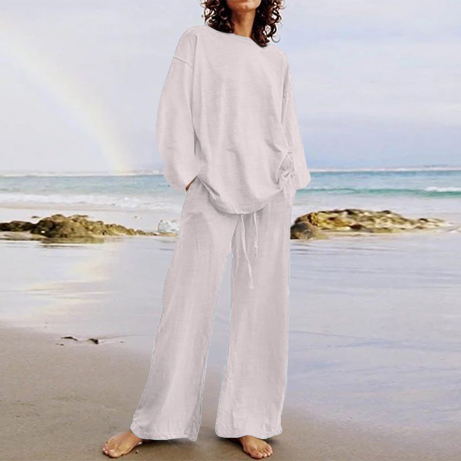 Ensemble de salon long en coton et lin pour femme - Confortable et élégant | Pantalon d'intérieur pour femme - Coupe ample - Col rond - Manches longues - Avec poches - Doux