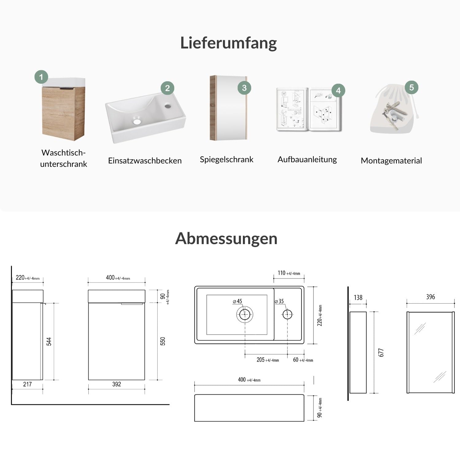 Planetmöbel Waschtischunterschrank mit Spiegelschrank Badmöbel Set 40cm für Badezimmer Gäste WC Sonoma Eiche