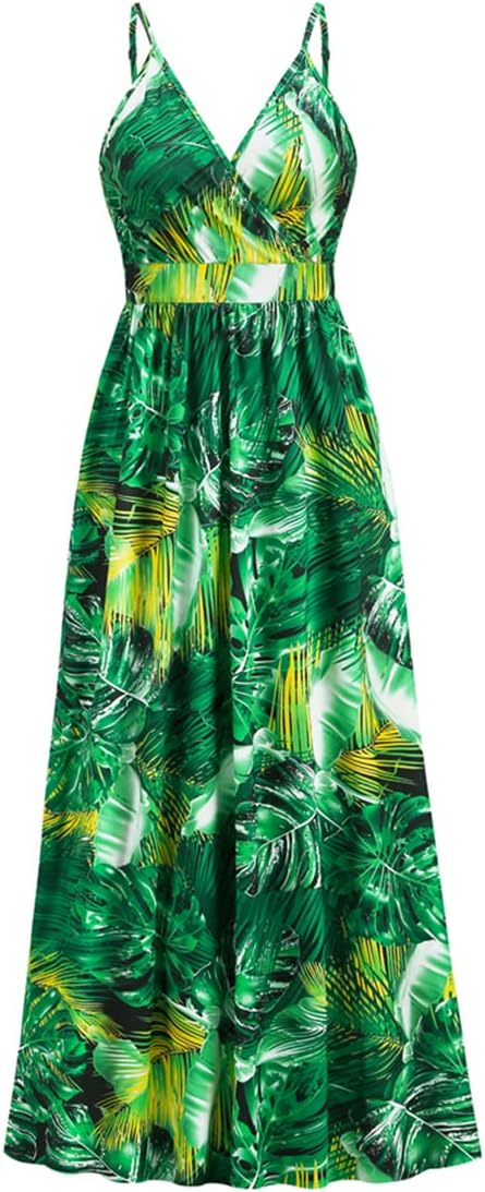 Chaos World Hawaiian Dresses for Women Boho Maxi Dress V-Neck Floral Summer Dress Beach Spaghetti Strap - Image 4