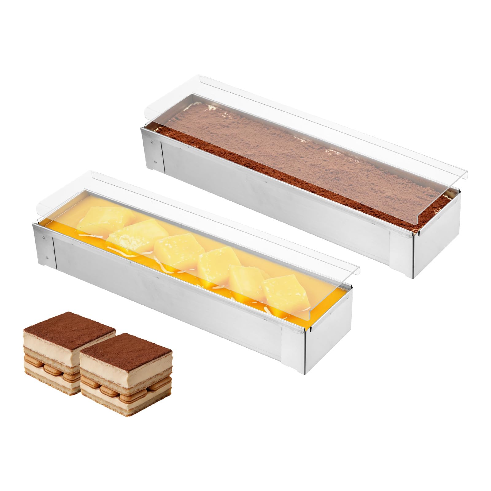 sourcing map Tiramisu-Pfanne, antihaftbeschichtet, rechteckig, Tiramisu-Kuchenform mit Acryl-Deckel, abnehmbarer Rahmen, Edelstahl, langes Backblech für Käsekuchen, Mousse, Lasagne, 2 Stück
