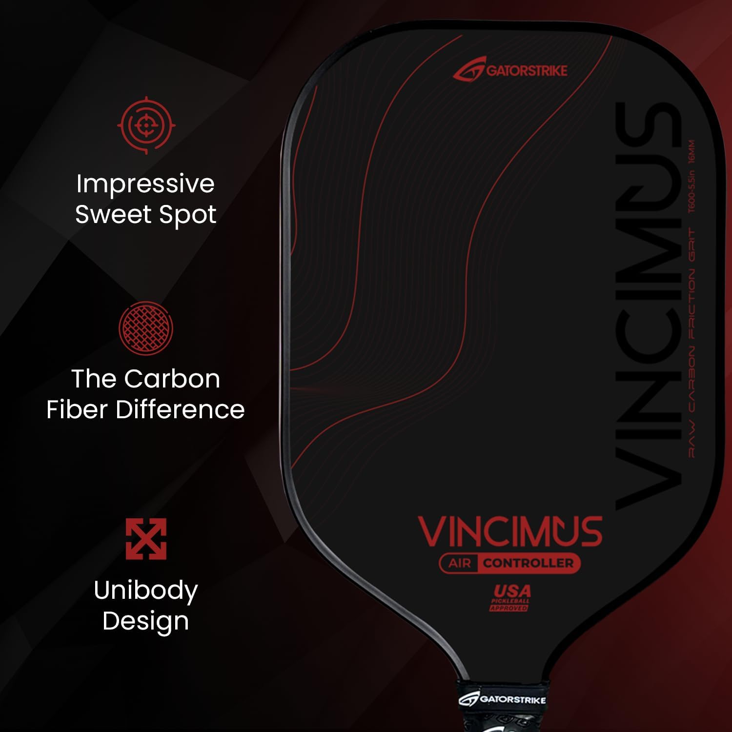 GATORSTRIKE Vincimus Air Controller T600 Pickleball Paddle, T600 Carbon Fiber Pickleball Paddle with Enhance PP Honeycomb 16mm Core, 8.1oz with GatorGrit Face