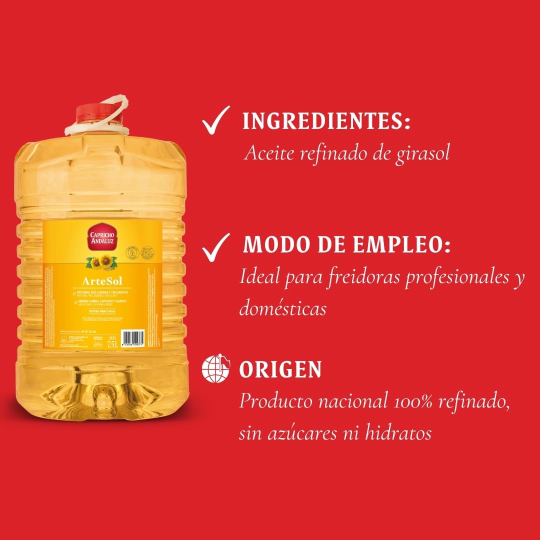 Capricho Andaluz - Aceite de Girasol Refinado Artesol PET 7,5L, Especial para Freír, Alta Resistencia al Calor, Fritura Limpia y Ligera sin Sabores