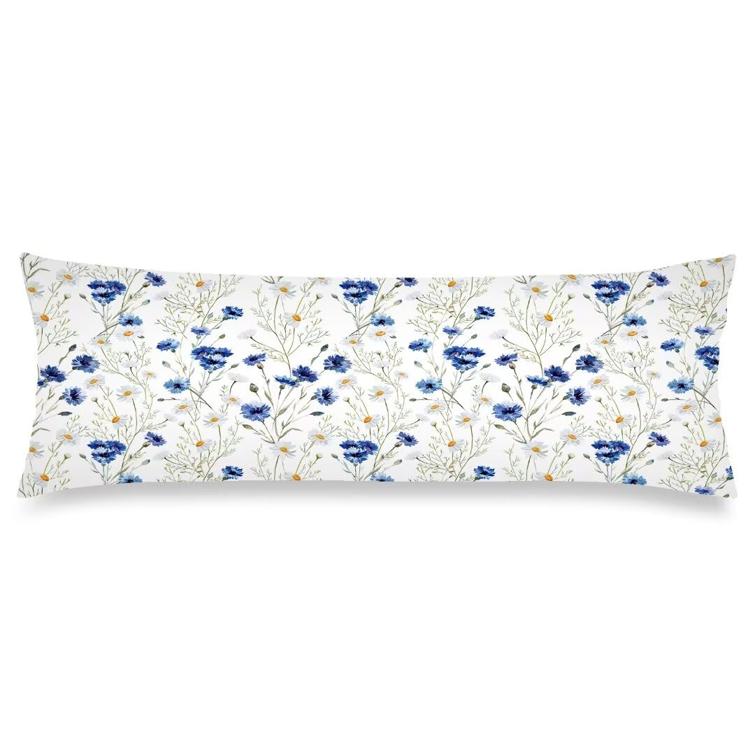 Florals Body Pillow Cover 20x54, Flower Blooms Wildflowers Poppy and Daisy Floral Cushion Long Pillowcase with Zipper, Decorative Soft Large Bedding
