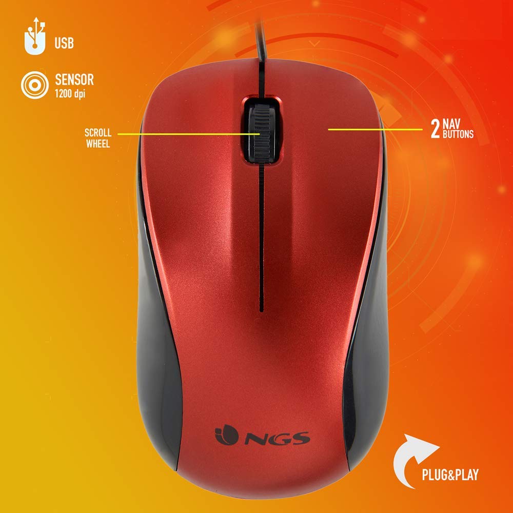 NGS Crew RED - 1200dpi Optical Mouse with USB Wire, Mouse for Computer or Laptop with 2 Boutons, Ambidextrous, Red