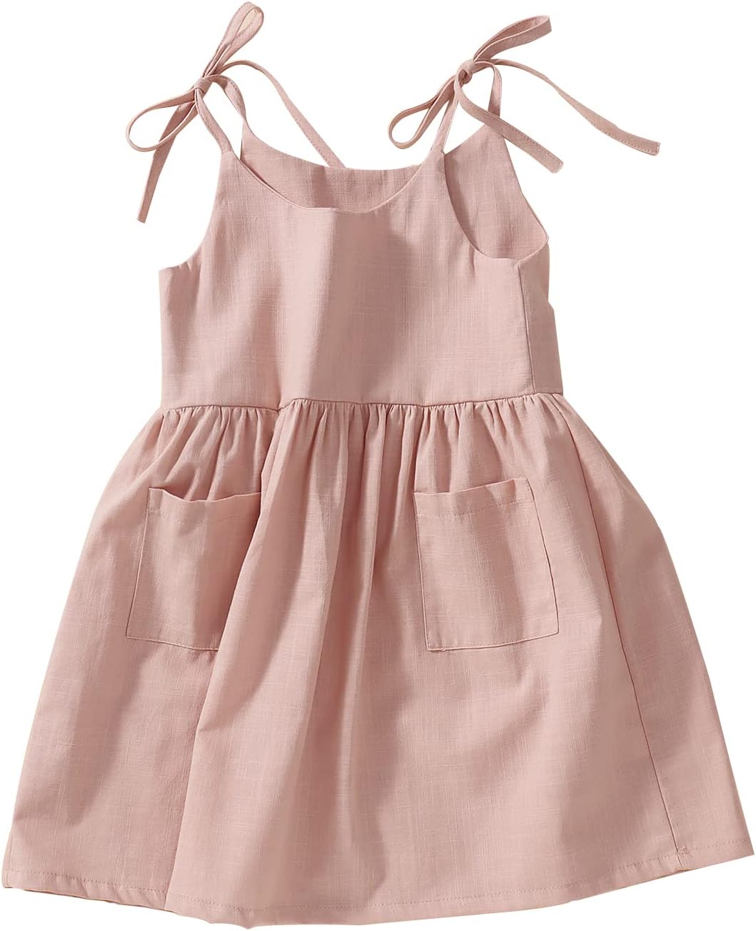 IZYJOY Toddler Baby Girl Summer Cotton Linen White Dresses Bow Straps Sleeveless with Pockets Little Girls Beach Sundress
