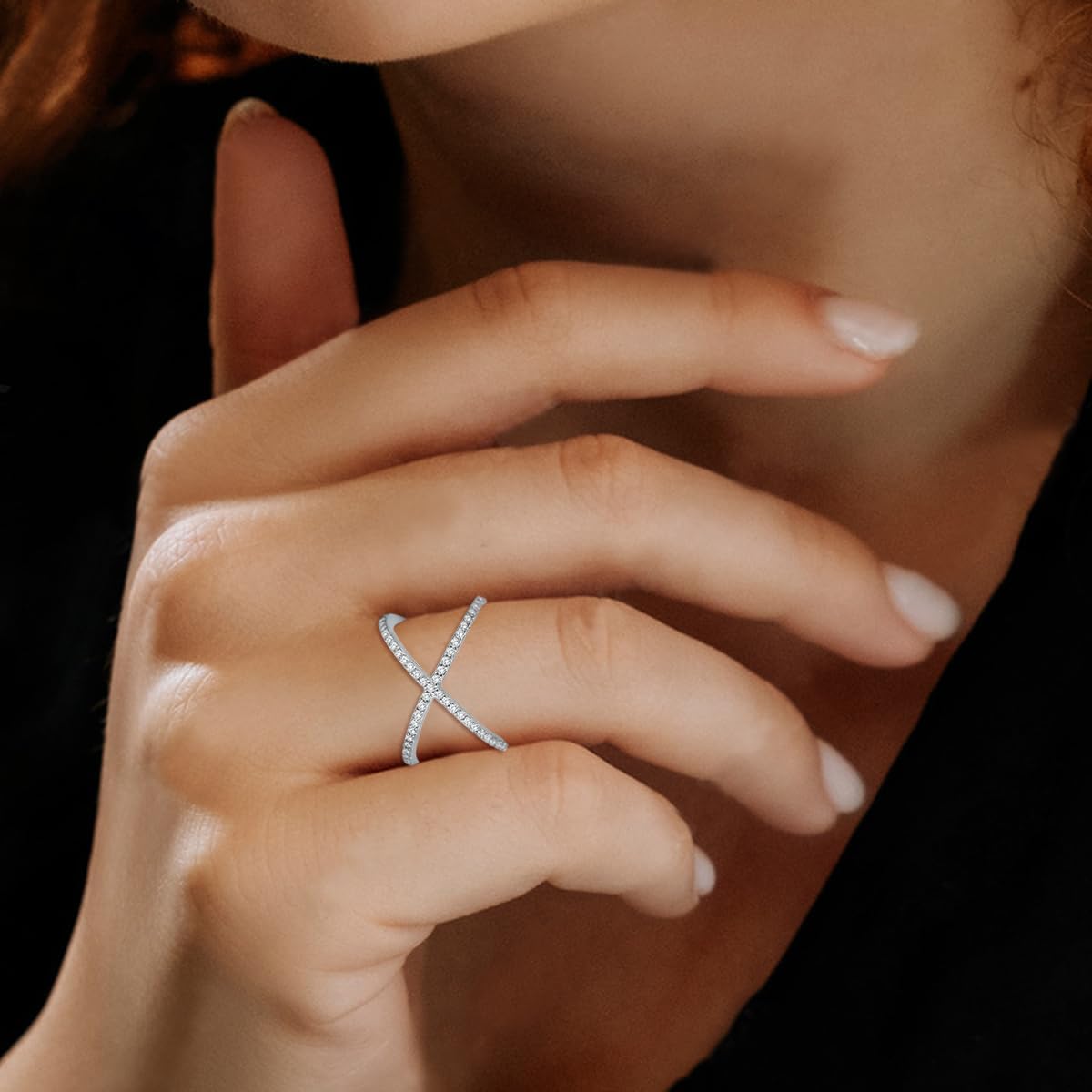 SZUL 1/2 Carat TW Diamond Criss Cross X Ring in 10K White Gold - Size: 8.0