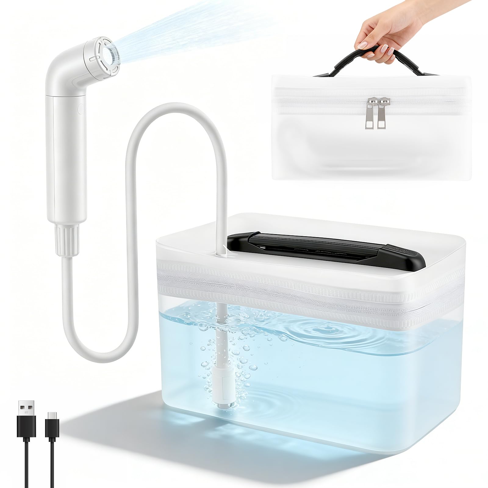 Bidet portatile con doccia elettrica, ricaricabile, serbatoio da 2,3 l, spray a 3 livelli, per toilette, viaggi e pulizia musulmana, bagno portatile per letto settimanale, cura intima (bianco)