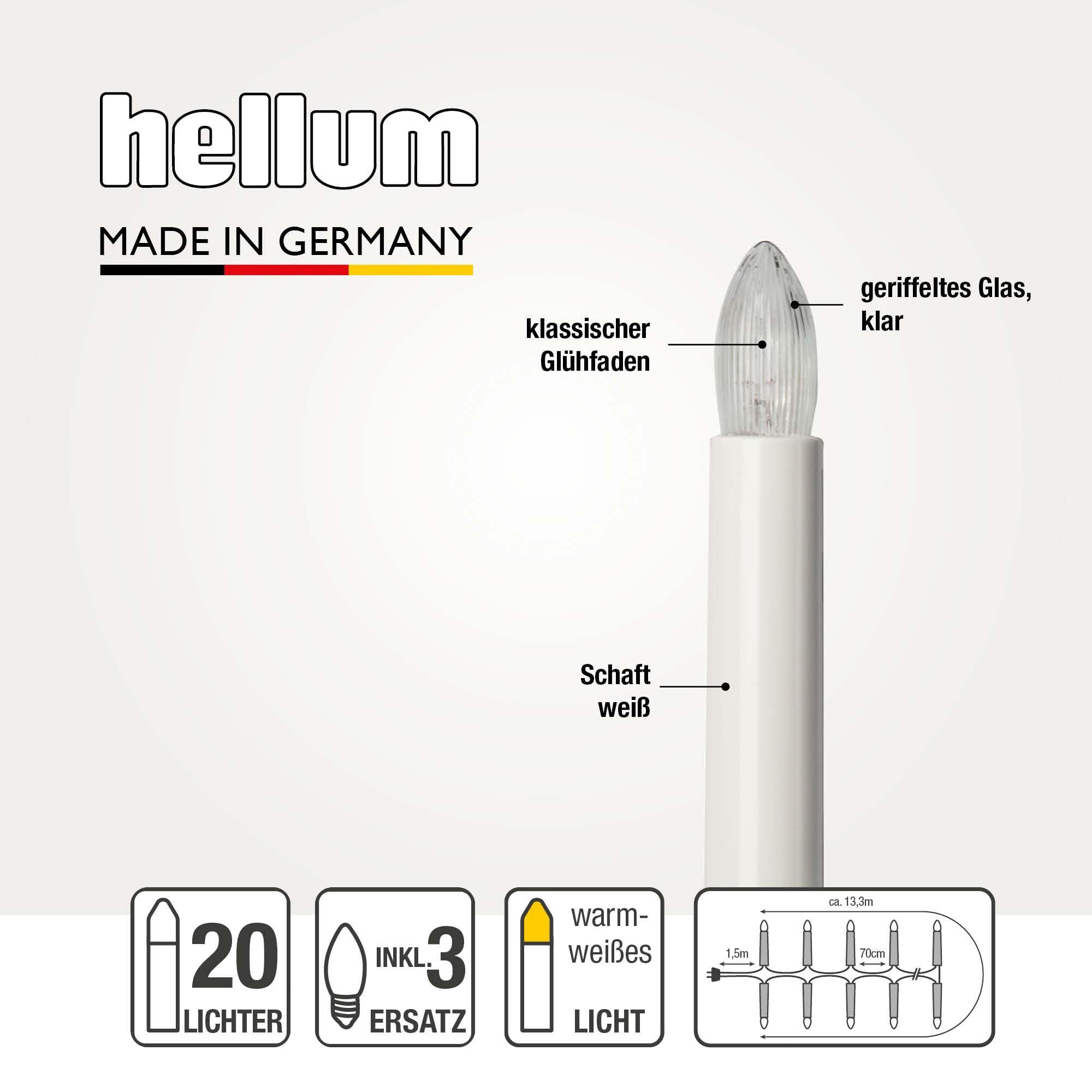 hellum Lichterkette, Made in Germany, Riffelkerzen mit Clip, 20 Lichter, beleuchtete Länge 13,3 m, warmweiß, Schaft weiß, für Innen, teilbarer Stecker, 3 Ersatzkerzen, kein LED <59lm 430127