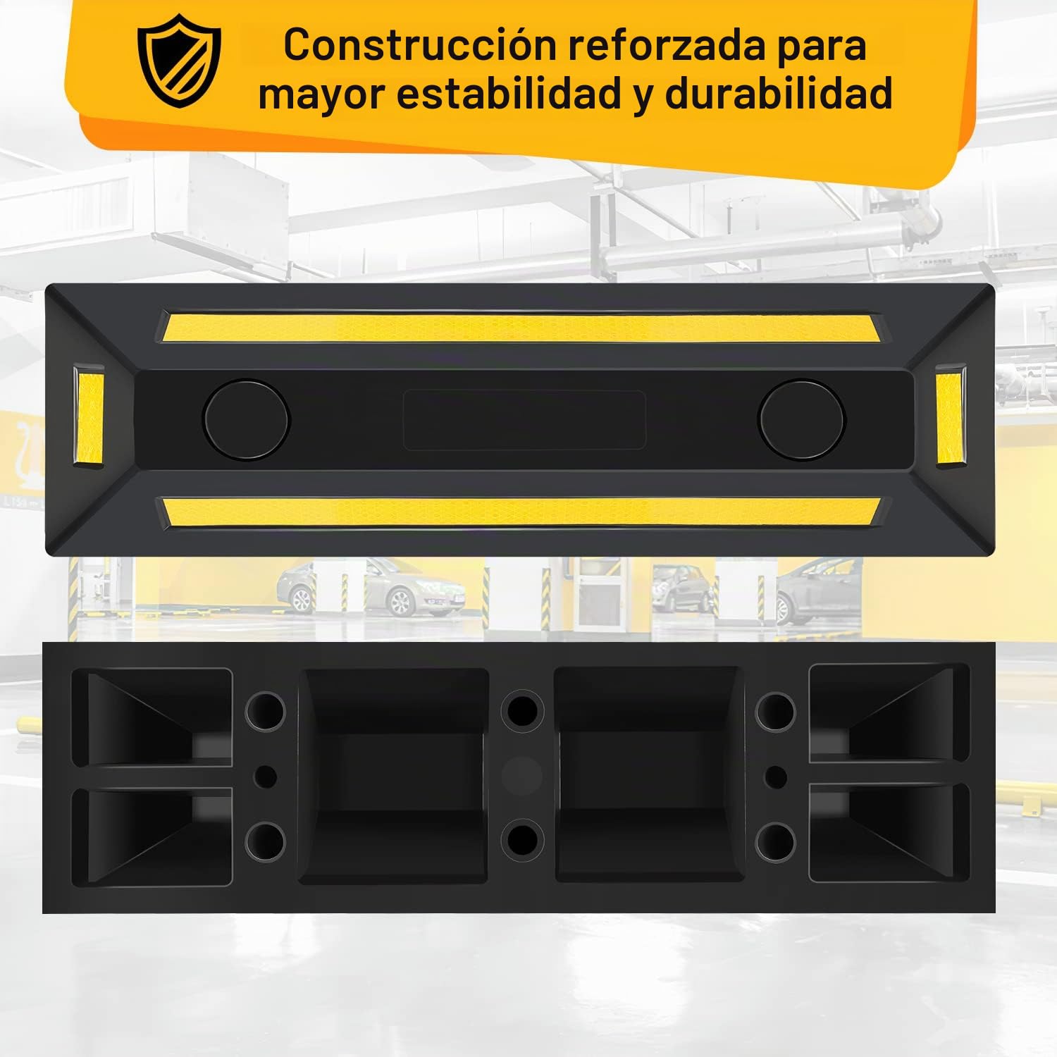 Fiqops 4 topes de goma para rueda de 54 x 15 x 10 cm, limitación de aparcamiento con bandas reflectantes amarillas, topes de aparcamiento con anclajes de expansión, ayuda para aparcamiento para garaje