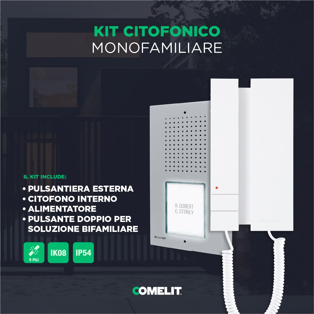 Comelit Kit Citofono 5 Fili Completo per Casa con Cornetta | Kit citofonico completo a 5 fili con cornetta, pulsante apriporta e pulsantiera resistente alla pioggia