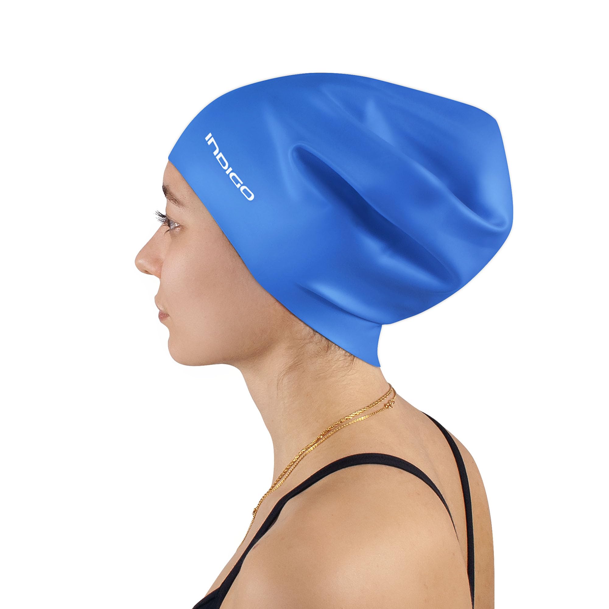DRUNA Silicone Swim Cap | for Long Hair | Extra Large & Comfortable | Waterproof & Durable | Ideal for Thick Hair | Bright Colors | for Ocean & Pool (Blue)