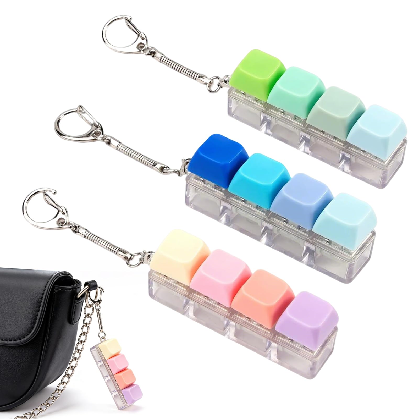 Keyboard Fidget Toy 3 Pack, Mini Keyboard Clicker Keychain Toy with 4 Buttons, Portable Desk Fidget for Focus and Idle Hands