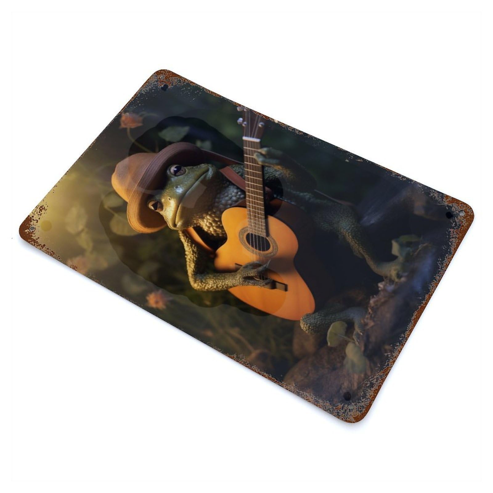 Retro Metal Sign with Frog Hat Playing Guitar Design 11.8"x7.9", for Bistro, Counter And Cafe Decor, Shabby Chic Decor