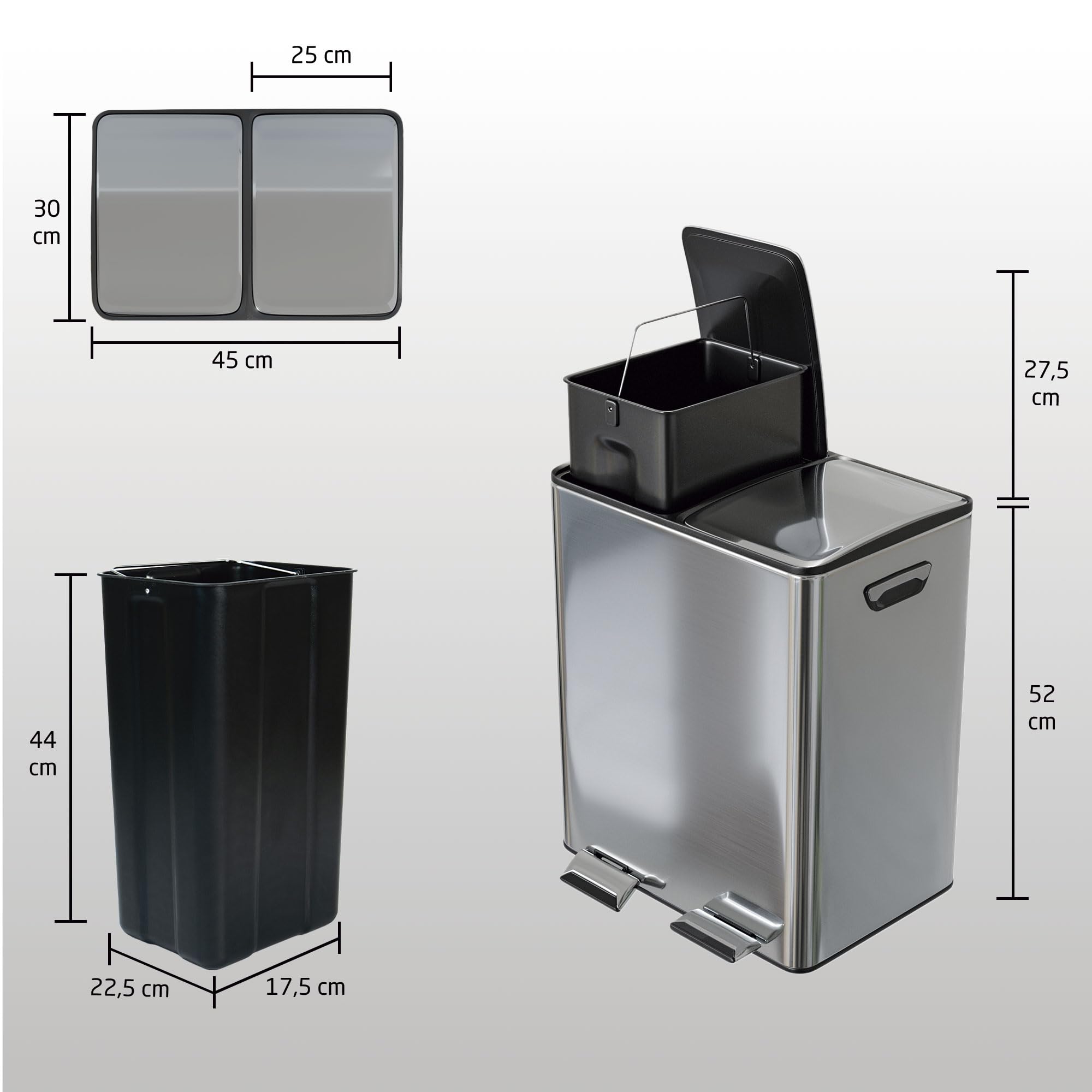 Amig - Cubo de Reciclaje Doble con Pedales Mod. RECIK EVO 40 L - 2 Compartimentos x 20 L - Acero inoxidable - 45 x 30 x 52 cm - Plateado